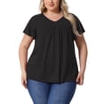 thumbnail image 1 of Blusas de verano casuales de mujer plus size con flores, volantes y pliegues, escote en V, manga corta, 3X, negras, 1 of 6
