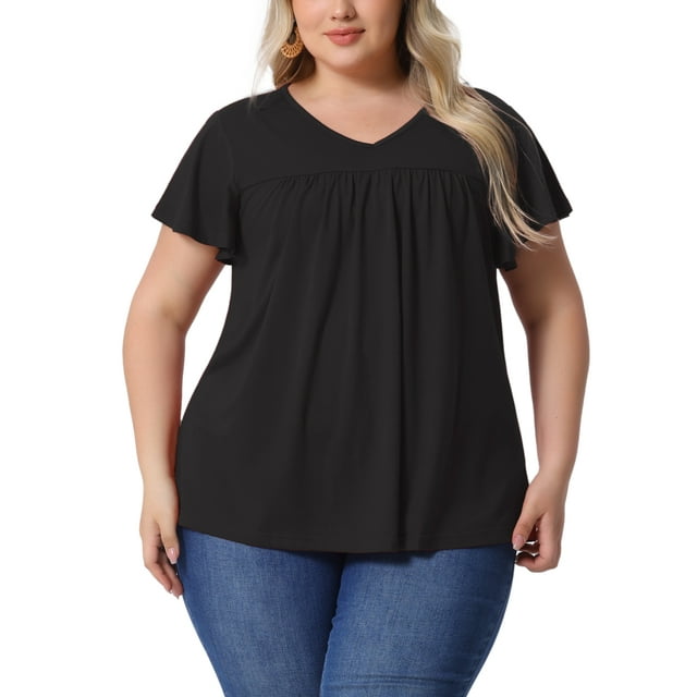 Blusas de verano casuales de mujer plus size con flores, volantes y pliegues, escote en V, manga corta, 3X, negras