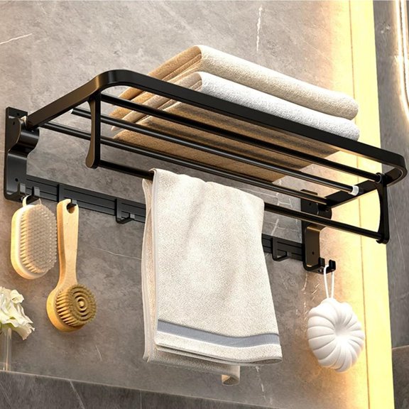 Bathroom Lavatory 24 Inch Towel Rack with Towel Bar Holder Foldable Towel Shelf with Movable Hooks Towel Rack with Towel Holder 1031-B-60 （Matte Black）