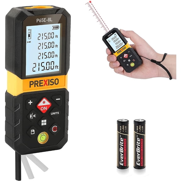 PREXISO 215 ft Distance Meter with Extension for Diagonal Measuring, Pythagorean, Area & Volume Calculation, 100 Data Storage, ft/in/m Units