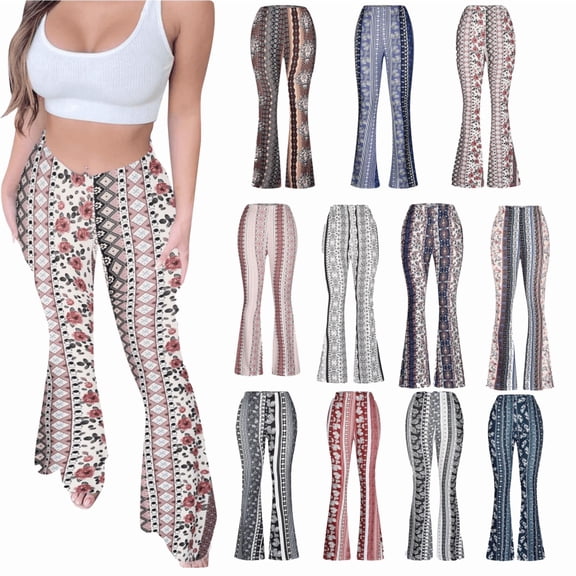 APEXFWDT Boho Flare Pants for Women Womens Stretchy Wide Leg High Waist Bell Bottom Flare Pants Retro 70s Floral Legging