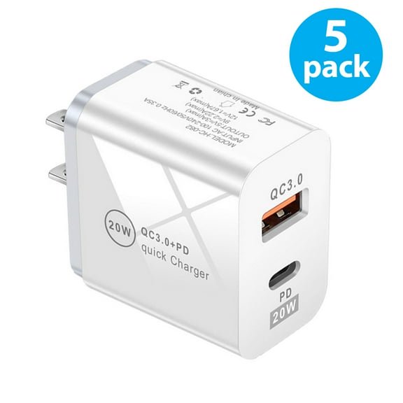 USB C Wall Charger Block 20W, 5-Pack Dual Port PD Power Delivery Fast Type C Charging Block Plug Adapter for iPhone 11/12/13/14/Pro Max, XS/XR/X, iPad Pro, AirPods Pro, Samsung Galaxy and More (White)