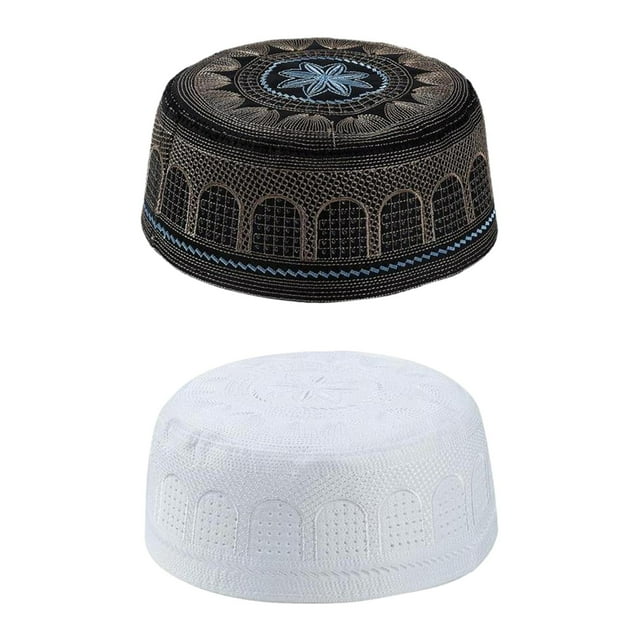 Esquirla 2pcs Muslim Mens Prayer Hat Beanie Embroidered Caps Islamic Topi Black&White