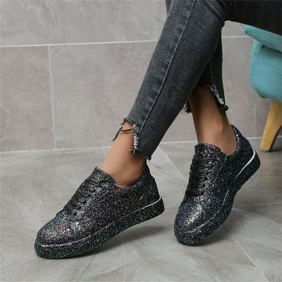CEHVOM Autumn And Winter New Sequined Flat Lace-up Casual Women's Single Shoes Pumps