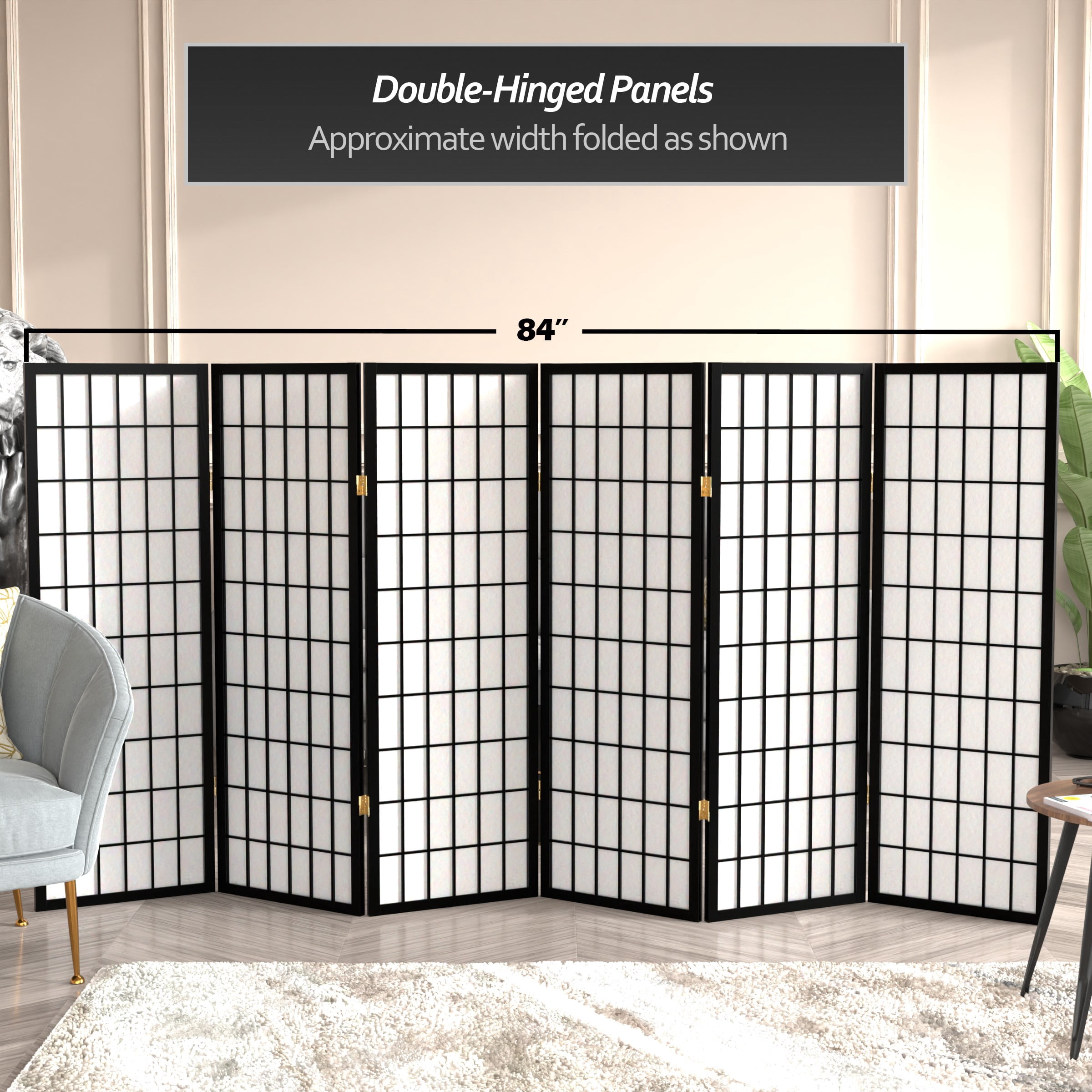 4 ft. Tall Window Pane Shoji Screen - Black - 6 Panels