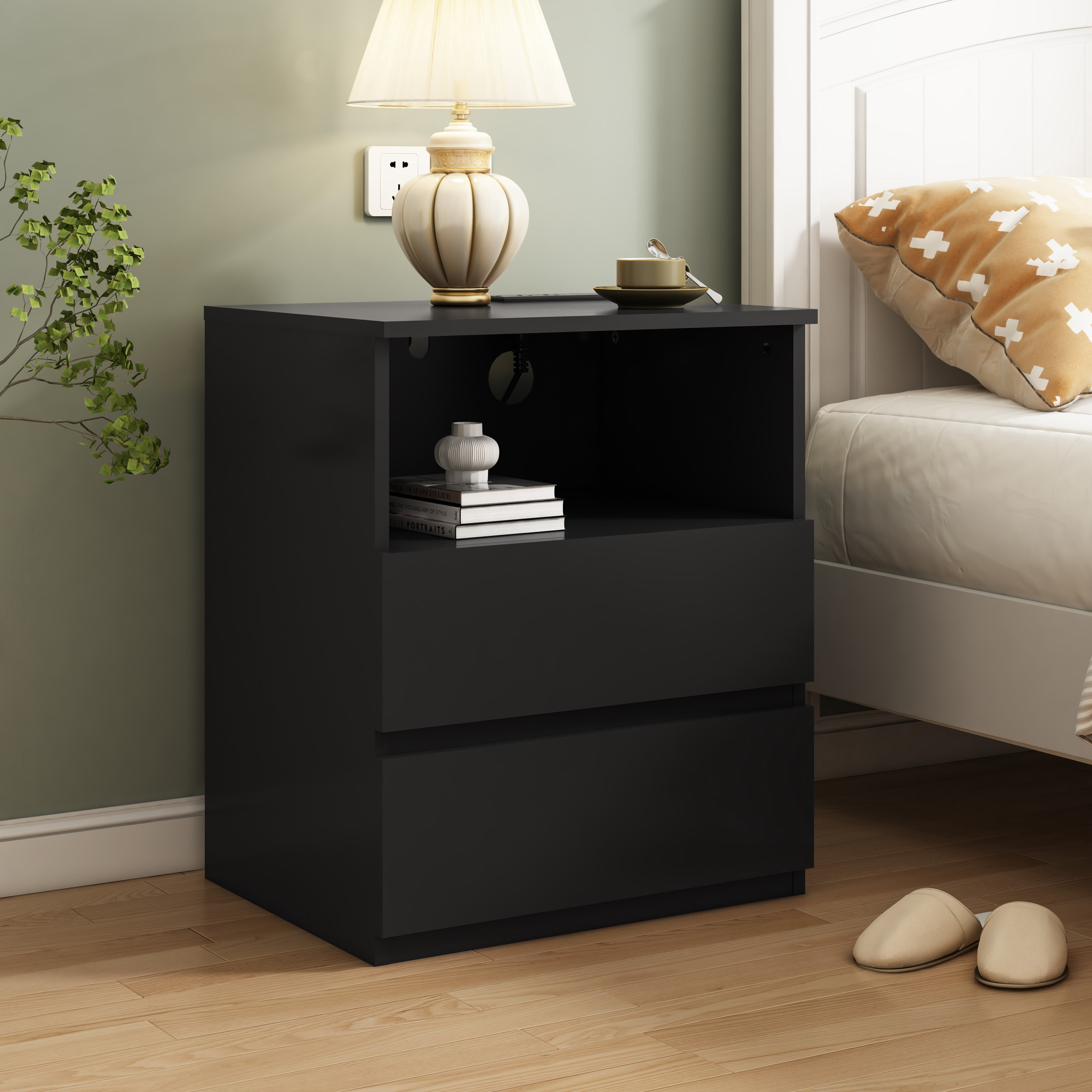 Mintazer Nightstand Set of 2, Bedside End Table with Charging Station, 2 Drawers & Open Storage Compartment, Particle Board Side Table for Bedroom Living Room, Black