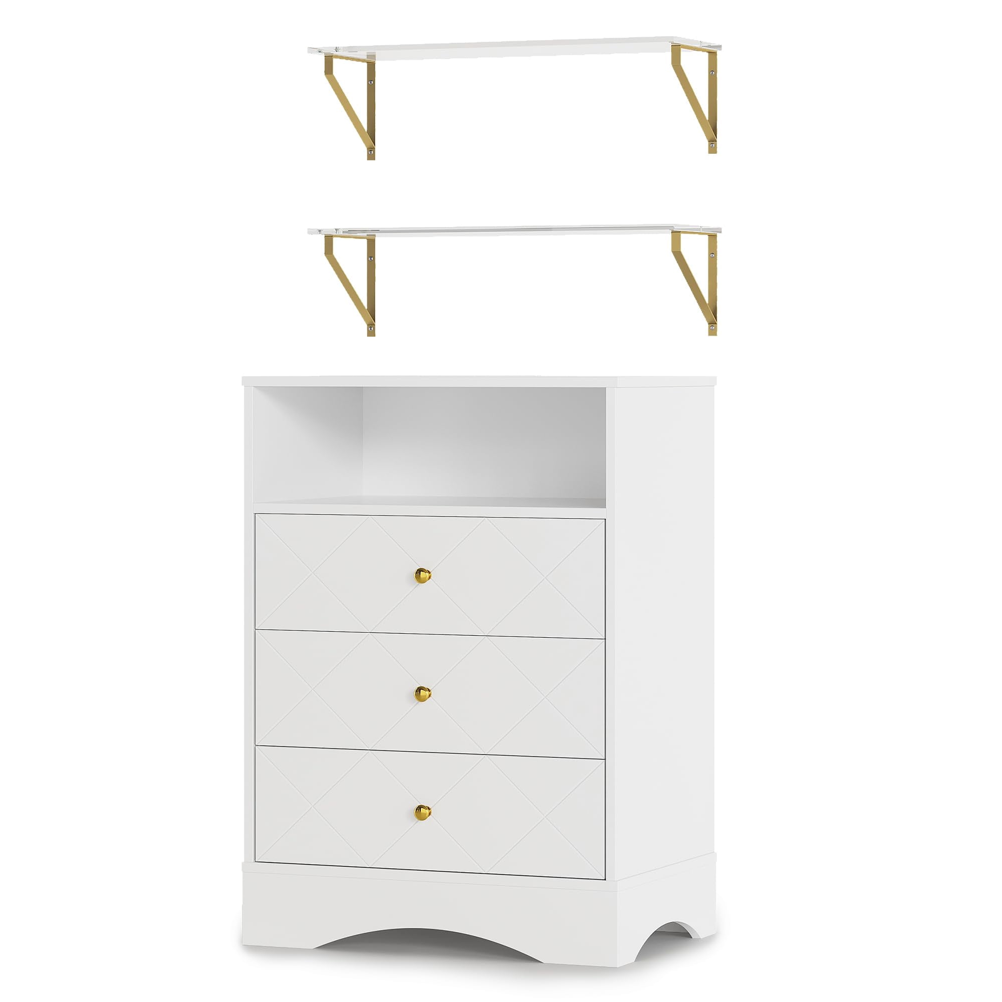 Royalcraft Dresser with Drawers & Floating Shelves, 3 Drawer Dresser with Open Storage & Painted Finish, Modern Storage Dresser for Bedroom, Closet, Hallway, White
