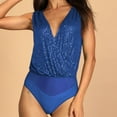 thumbnail image 2 of Penkiiy Sparkle Sequin Bodysuit For Women V-Neck Cowl Back Shiny Glitter One-piece Top Bodysuits with Sheer Mesh Thong Blue Shapewear Tummy Control, 2 of 9