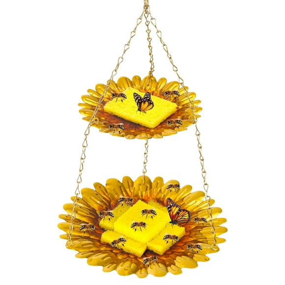Fesfesfes Liquidation Mangeoire Double pour Abeilles avec Motif de Fleurs, Stations d'Arrosage pour Abeilles Antirouille avec 2 Éponges, Bol de Bain Suspendu Gobelet pour Abeilles pour Décoration de Jardin Cour Extérieur
