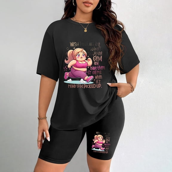 Women's Plus Size Gym Humor Print Short Sleeve T-Shirt & Shorts Set