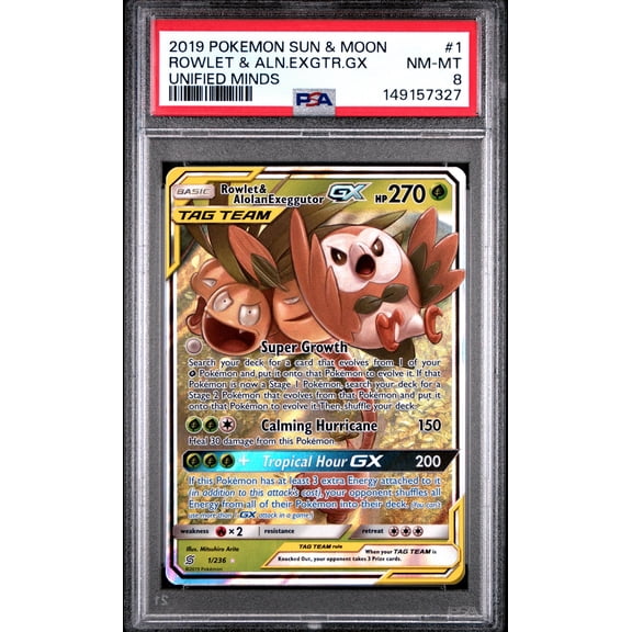Collectible 2019 Pokemon Sun and Moon Unified Minds Alolan Exeggutor Gx/Rowlet #1 PSA 8