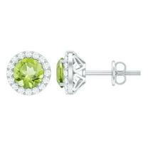 Rosec Jewels Real Peridot Stud Earrings with Diamond Halo for Women - AAA Quality, 18K White Gold