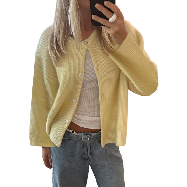 Gupgi Women Knitted Crop Cardigan Solid Color Sweater Long Sleeve Button Down Open Front Casual Knitwear Tops