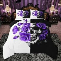 Manfei Spooky Skeleton Bedding Comforter Set,Gothic Theme Twin Comforter Sets,Purple Flower Floral Bedding Set For Men Women,Super Cozy Room Decor Reversible,2-Piece