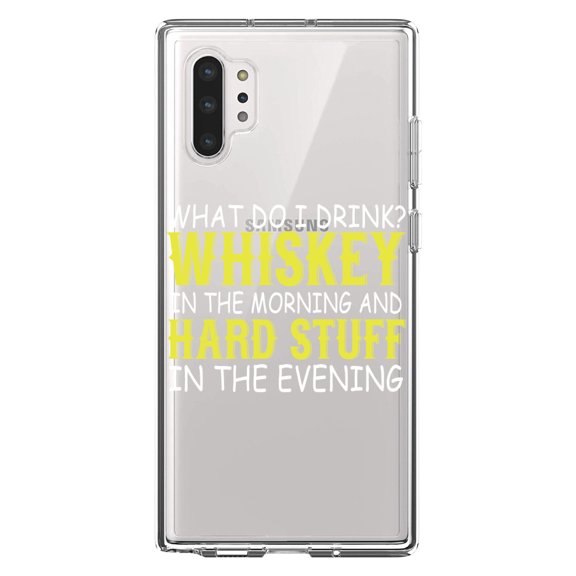 DistinctInk Clear Shockproof Hybrid Case for Galaxy Note 10 PLUS (6.8" Screen) - TPU Bumper Acrylic Back Tempered Glass Screen Protector - Whiskey in the Morning, Hard Stuff Evening