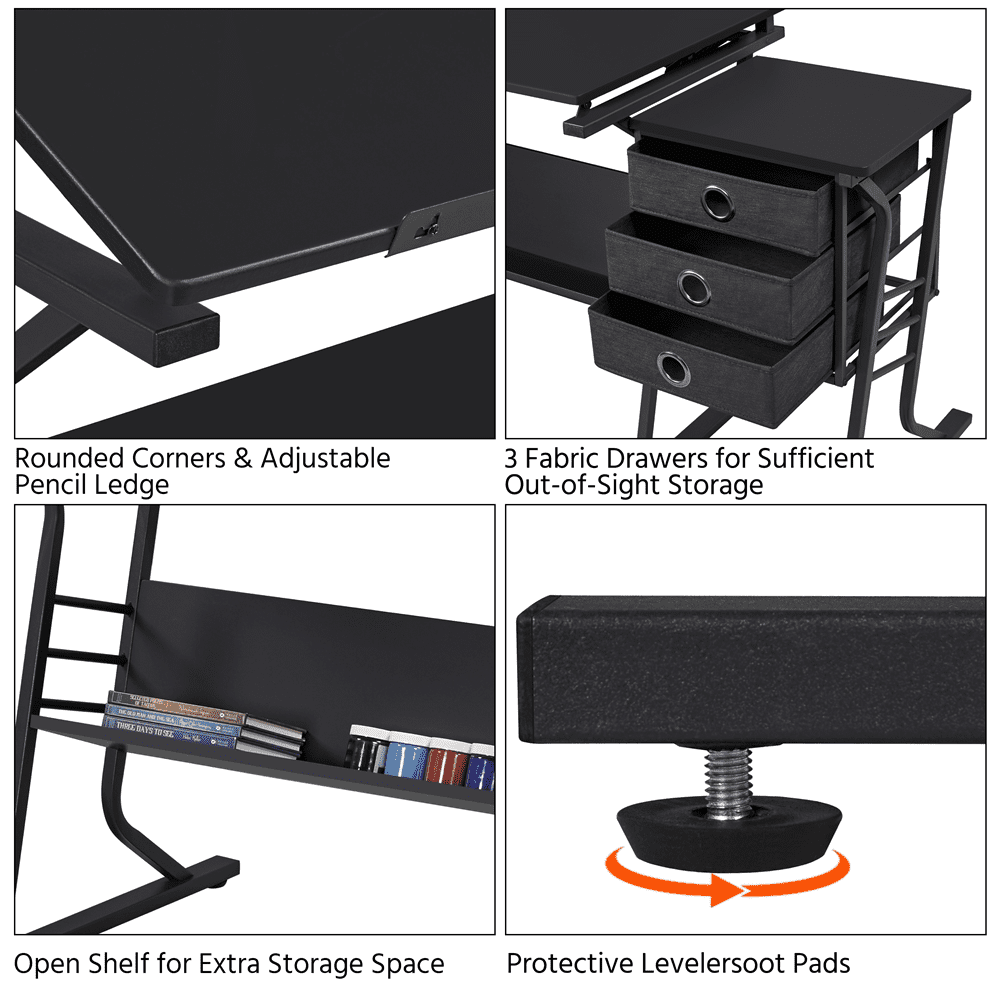 Renwick Drafting Table & Stool Set with Tilting Tabletop & Side Countertop, Black