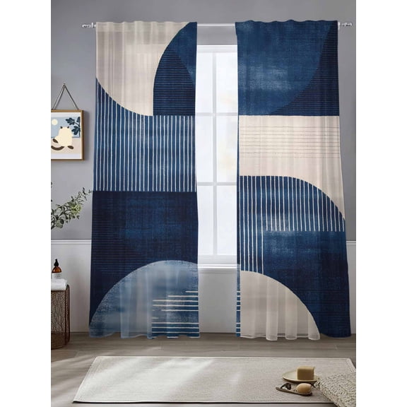 Minimalist Art Sheer Curtains 84 Inches Long 2 Panels Blue Toned Circular Color Block Light Filtering Semi Sheer Window Curtains Drapes for Bedroom Living Room 52"x84"