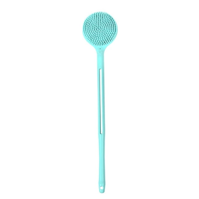 Cepillo de baño de doble cara con mango largo en silicona, ideal para masaje y exfoliación, color azul, incluye orificio para colgar.