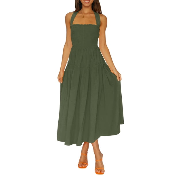 VISgogo - Vestido sin mangas para mujer, color sólido/estampado, busto fruncido, escote cuadrado, espalda abierta VISgogo moda