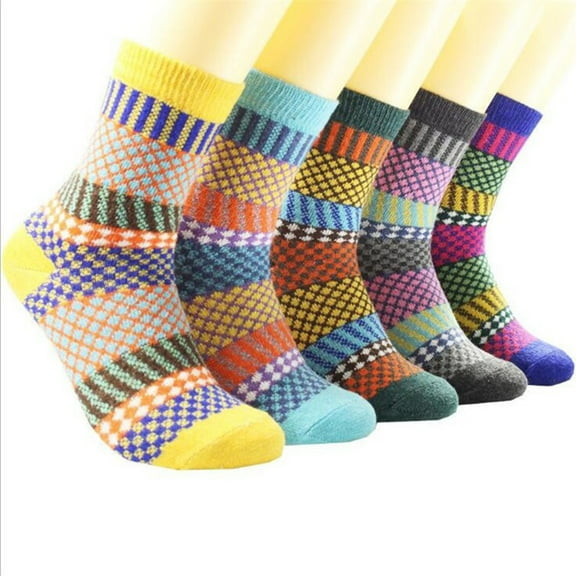 jobturf 5 Pairs Wool Socks for Women Vintage Fashion Color Block Mid Calf Socks Soft Comfortable Casual Stockings Fall Spring Warm Crew Socks