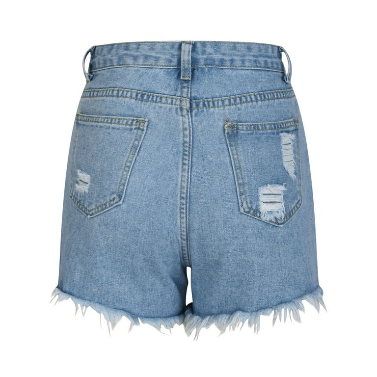 YYDGH Women's Denim Shorts Casual Mid Waist Ripped Jean Shorts Frayed Raw  Hem Distressed Stretchy Short Jeans Light Blue S