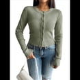 thumbnail image 3 of Suéter Tipo Cárdigan de Cuello Redondo Ajustado para Mujer, con Botones y Prenda Básica de Punto Verde M, 3 of 10