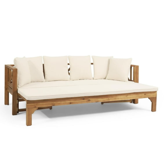 Llinc Store Outdoor Extendable Daybed Acacia Wood Daybed Sofa with Water-Resistant Cushions, Retractable Pillows Cushioned Sofa Furniture