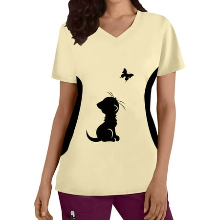 

Women Scrubs Tops Plus Size Top V Neck Short Sleeved Cats Prints T Shirt Blouse Nurse Workwear