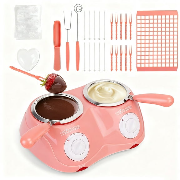 Dongyi 2-Speed Electric Chocolate Fondue Maker with Dual Bowls-8.45oz Melting Pot for Candy,Cheese&Desserts,Includes DIY Molds for Home Parties&Baking,Pink