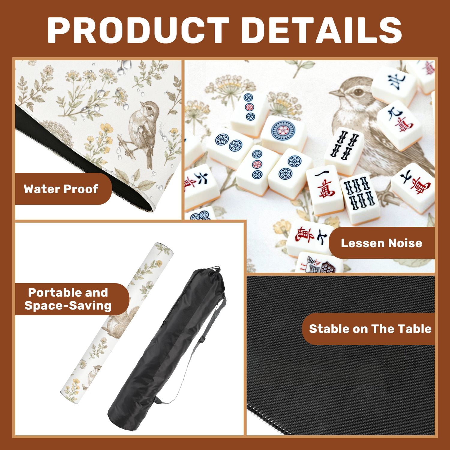 Mahjong Mat 31.5" x 31.5" Vintage Woodland Animals Wildflowers White Non-Slip Noise Reduction American Mahjong Tiles Table Cover for Dominoes Poker Card Board Games Gift