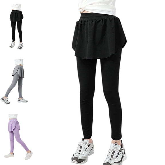 UJNDER Girls Flowy Skorts Tight Yoga Pants 2 In 1 Running Tennis Skirt Bottoms for Play Girls Flare Leggings,Black,4-5 Years