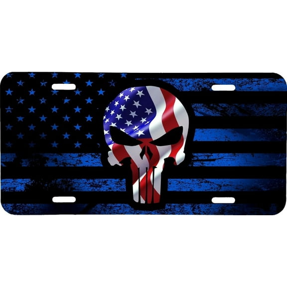 Metal License Plates For Blue American Flag With For Punisher Fans Skull License Plate Vehicle Auto Vehicle Tag Truck Tractor Trailer Semi Design-Tf-86-64