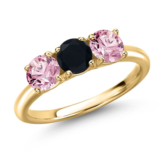 Gem Stone King 18K Yellow Gold Plated Silver Black Onyx and Pink Lab Grown Diamond Engagement Ring for Women | 1.48 Cttw | Round 5MM | Gemstone December Birthstone | Size 5