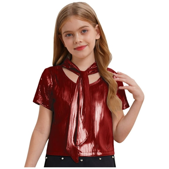 TSSOE Kids Girls Metallic Strap Tie Round Neck T-shirt Sparkly Short Sleeve Hip Hop Jazz Dance Crop Top Red 2-6