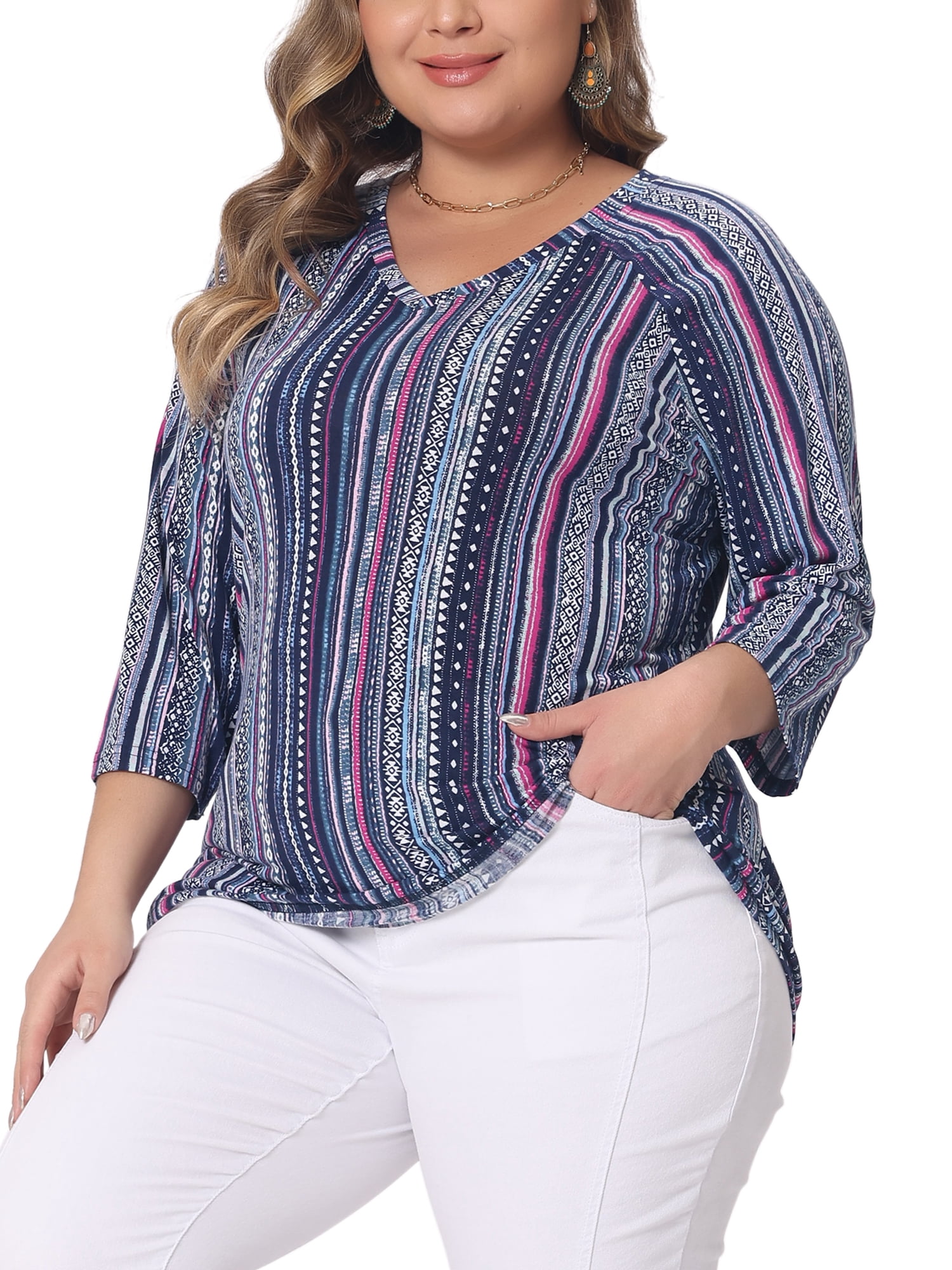 Women's Plus Tops V Neck 3/4 Sleeve Knit Blouse Tee Shirt Stripe Boho Tops 3X Navy Blue