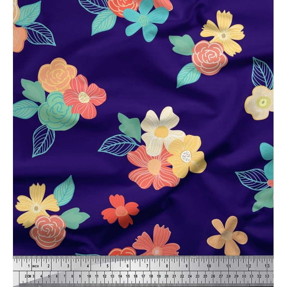 Soimoi Blue Cotton Duck Fabric Leaves & Floral Artistic Print Fabric by the Yard 42 Inch Wide