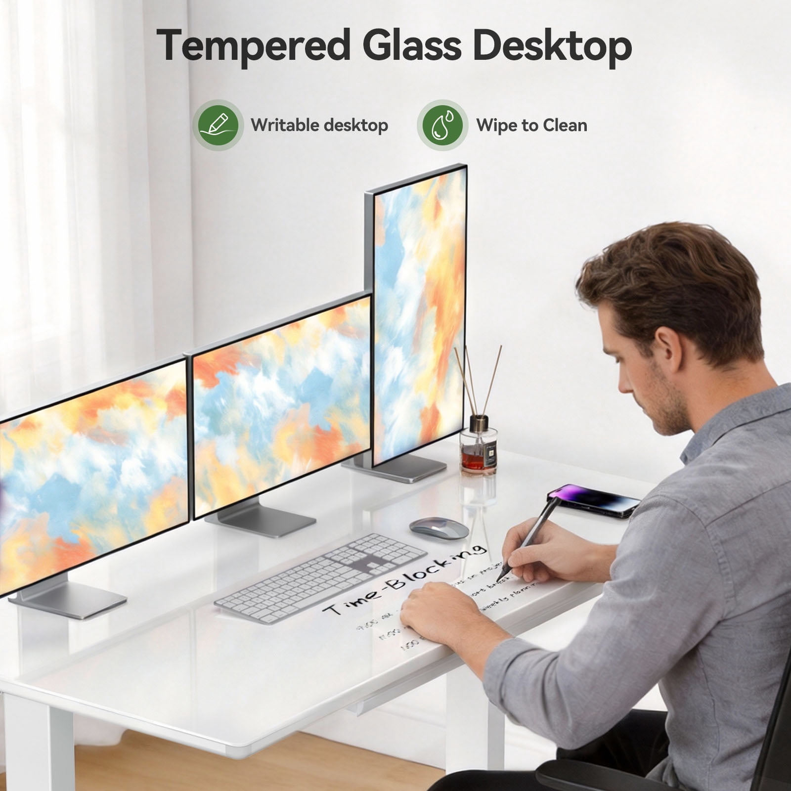 Kyspho Glass Top 48" x 24" Electric Standing Desk with Drawer, Height Adjustable Sit Stand Desk for Home Office, White