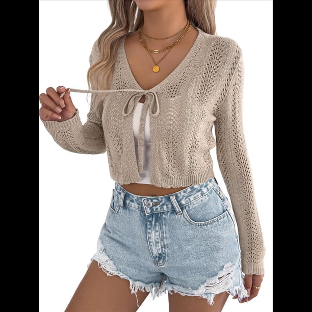 Suéteres Ligeros de Crochet para Mujer, Cárdigan Corto con Mangas 3/4 y Lazo Frontal para y Verano. Caqui L
