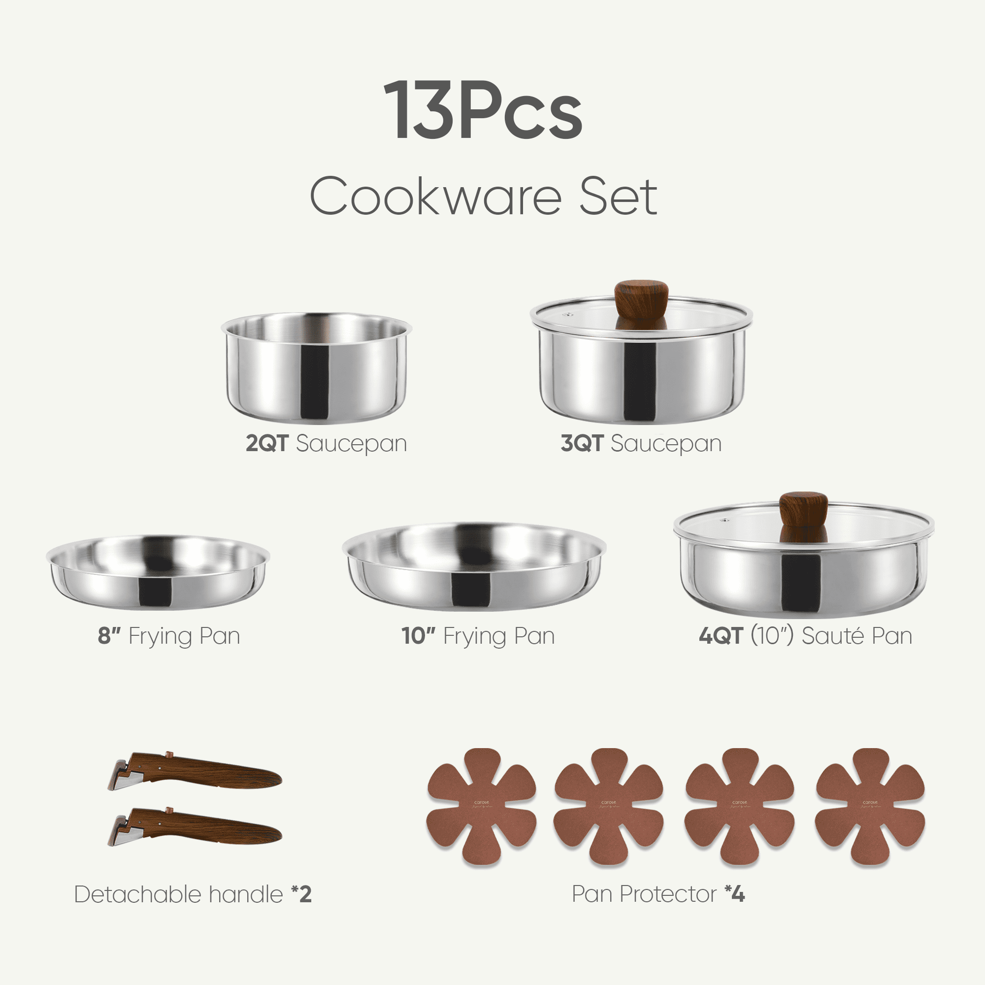 Carote 13-Piece Tri-Ply Stainless Steel Cookware Set with Detachable Handle, Induction Compatible