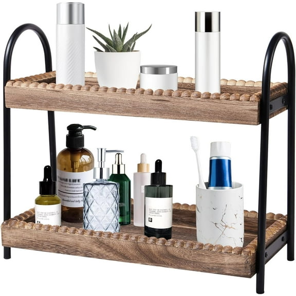 Bathroom Countertop Organizer, 2 Tier Vanity Organizer and Storage for Cosmetic Skincare Perfume, Wood Bead Storage Shelf for Bathroom Kitchen Coffee Station