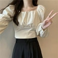 thumbnail image 3 of Whataatahia Top de mujer con cuello cuadrado, busto plisado, manga larga acampanada, lazo trasero, blusa de mujer para cena, fiesta, albaricoque M, 3 of 8