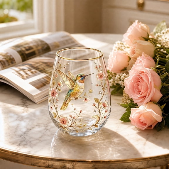 Kieccall Gold Rimmed Hummingbird Pattern Glass Te Cup Elegant Floral Drinking Vessel For Home Afternoon Tea Beverage Serving Gift