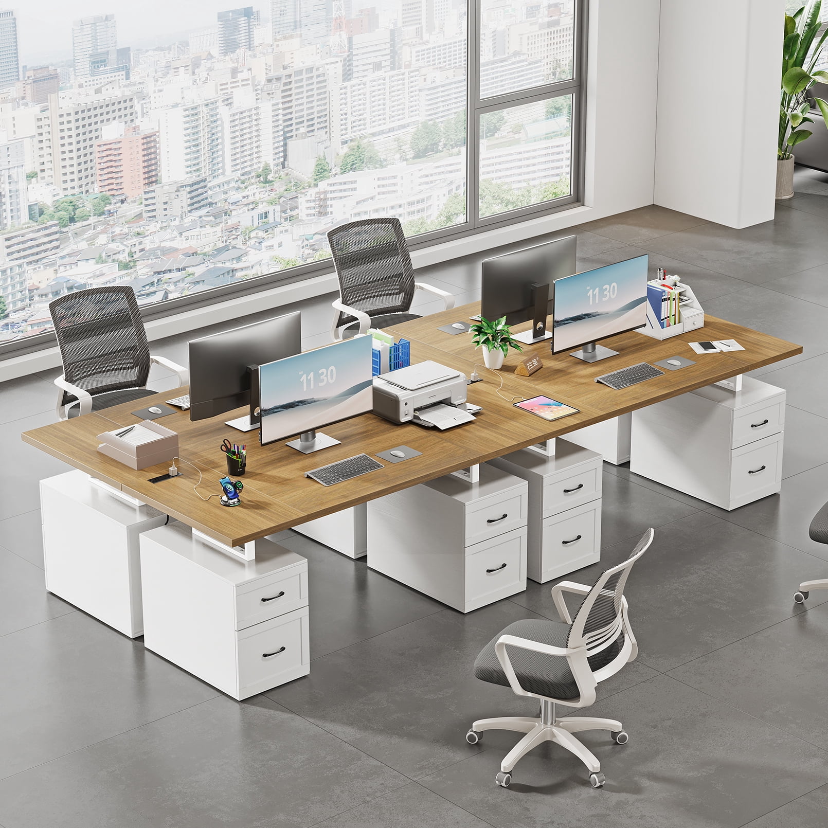 Vividwood Executive Desk — 70'' Home Office Computer Desk with Drawers, Desk with Adjustable File Drawer, Privacy Panel, Built-in Power Outlets