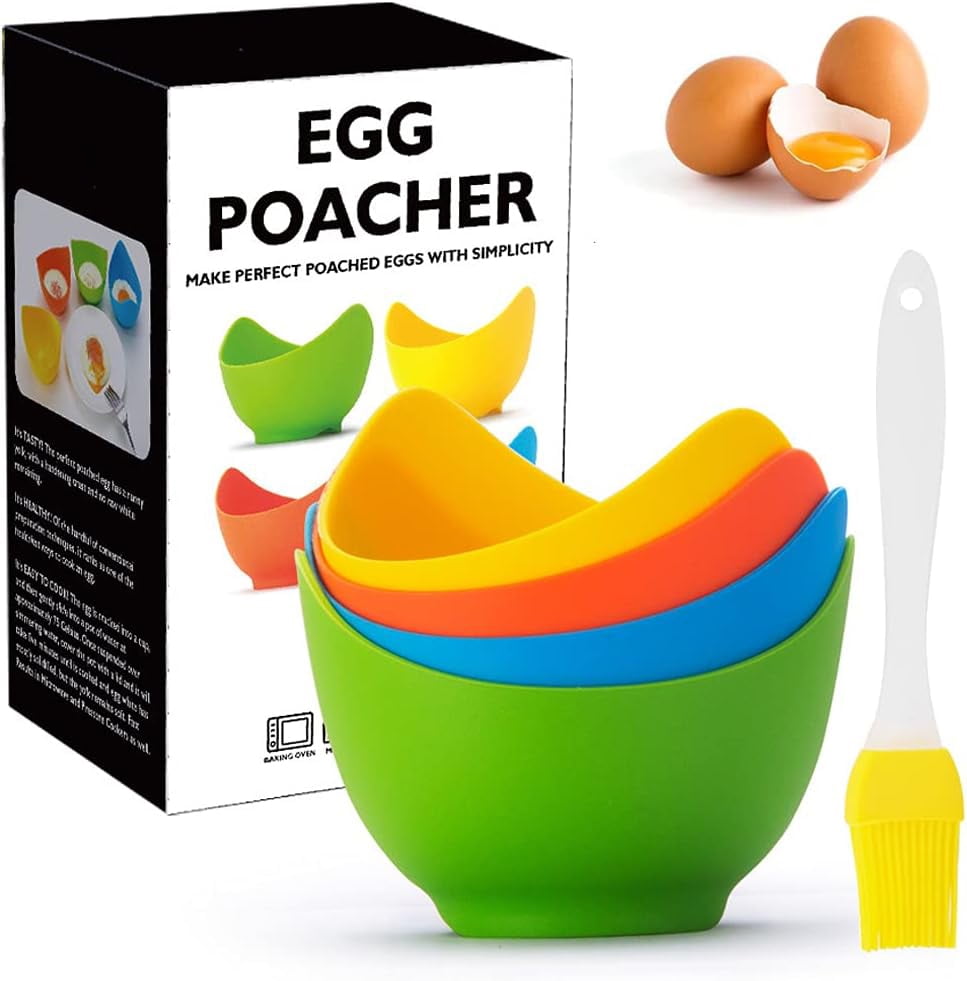 Silicone Egg Poacher Cups with Ring Standers, Egg Boiler Mold Cup for Microwave Air Fryer Stovetop Cooking, Non-Stick, BPA-free, Set of 4