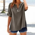 thumbnail image 2 of Cmfcve Cotton Linen Shirts for Women Summer Short Sleeve V-Neck Button Down Tops Dressy Casual Oversized Gauze Tshirts, 2 of 7
