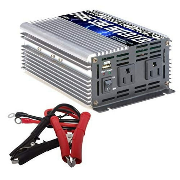GoWISE Power 600W Pure Sine Wave Inverter 12V DC to 120V AC with 2 AC Outlets   1 5V USB Port and 2 Clamp Cables (1200W Peak) PS1001