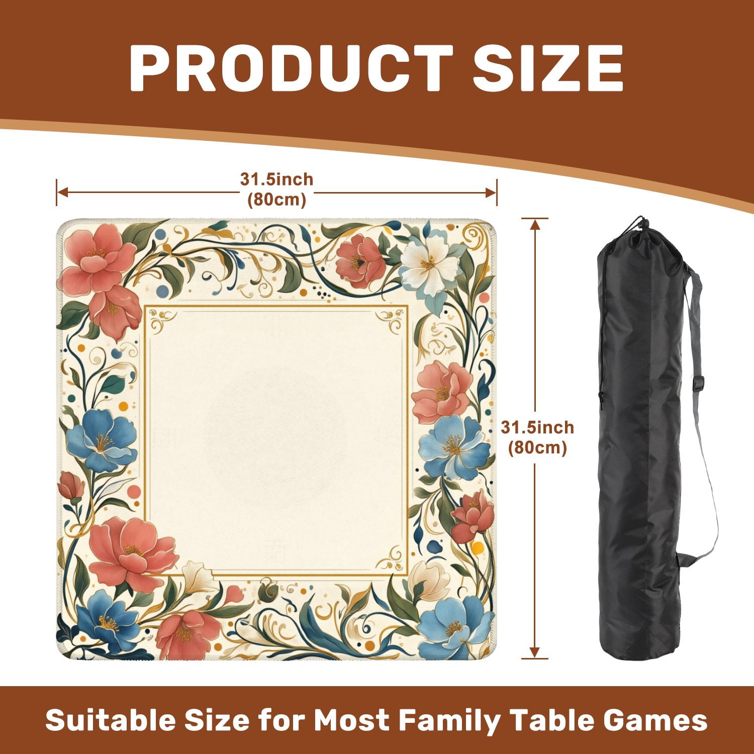 Mahjong Mat 31.5" x 31.5" Floral Ornamental Frame Red Blue White Flowers Elegant Vintage Style Non-Slip Noise Reduction American Mahjong Tiles Table Cover for Dominoes Poker Card Board Games Gift