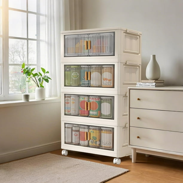 Yeshouse 4 contenedores de almacenamiento apilables de 120 L con tapa, contenedores de plástico plegables con ruedas y puertas para armario, oficina o dormitorio