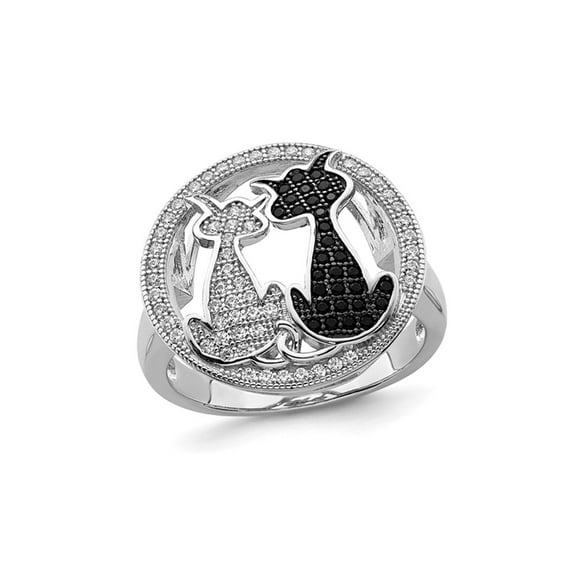 Sterling Silver Black and White Micro-Pave Synthetic Cubic Zirconia (CZ) Cat Ring for Women