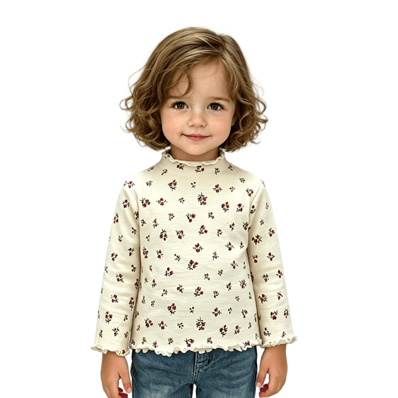 Toddler Girls Floral Print Long Sleeve Cotton Tops Ruffle Trim Mock Neck Fall Cute Casual Basic Layering Tee Beige 3 Months-3 T